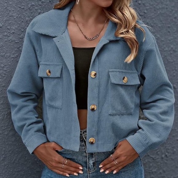 Blue Corduroy Button Up Cropped Jacket - Picture 2 of 9